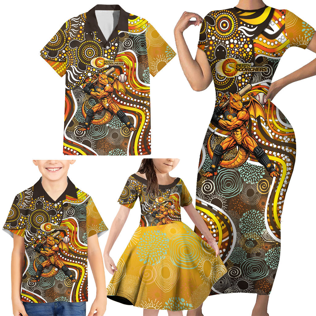 Perth Scorchers Family Matching Short Sleeve Bodycon Dress and Hawaiian Shirt Indigenous Dot Art Superhero Batter Tribal Pattern