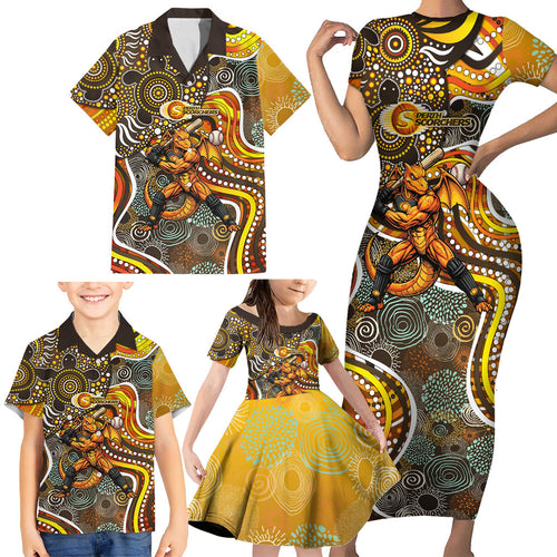 Perth Scorchers Family Matching Short Sleeve Bodycon Dress and Hawaiian Shirt Indigenous Dot Art Superhero Batter Tribal Pattern