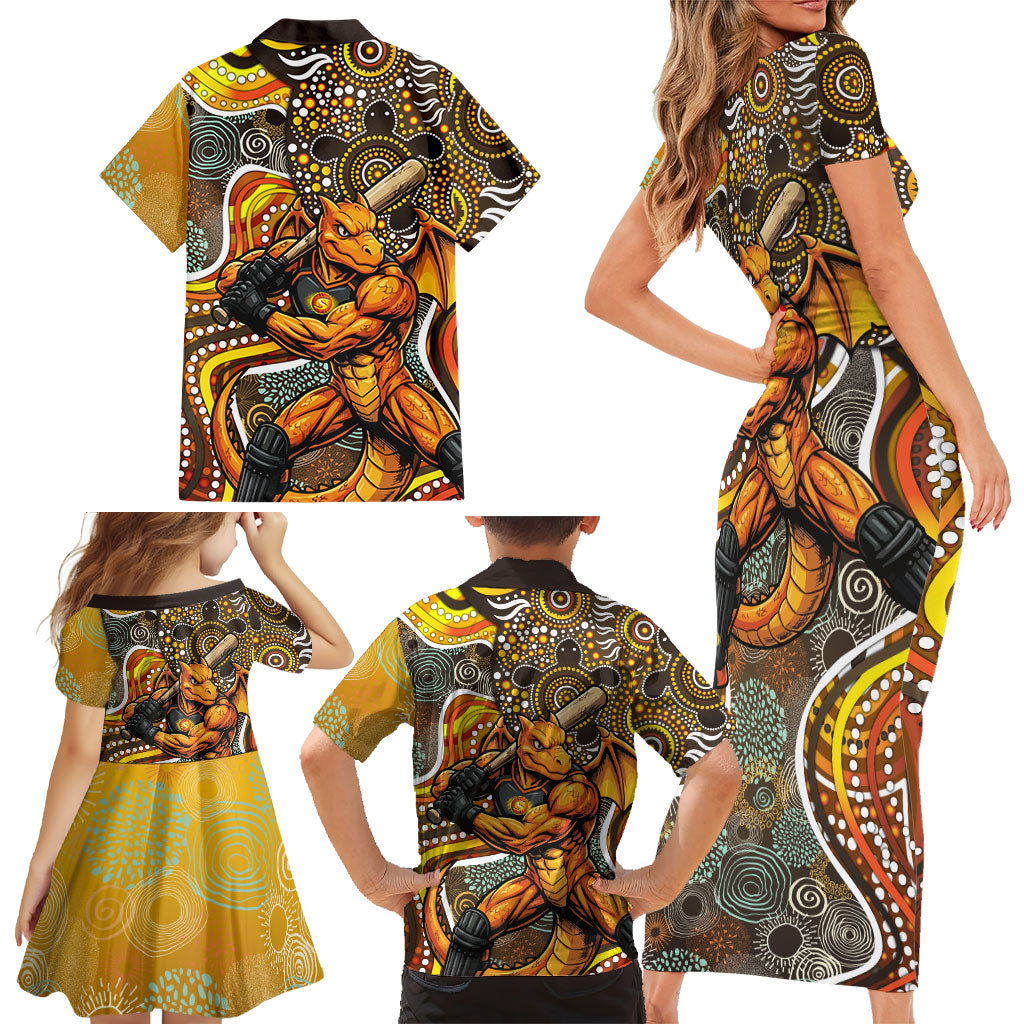 Perth Scorchers Family Matching Short Sleeve Bodycon Dress and Hawaiian Shirt Indigenous Dot Art Superhero Batter Tribal Pattern