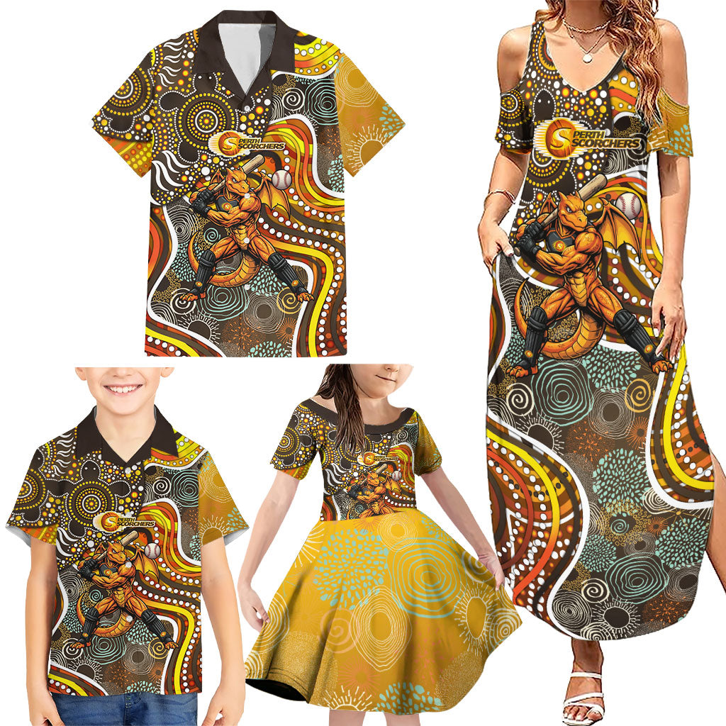 Perth Scorchers Family Matching Summer Maxi Dress and Hawaiian Shirt Indigenous Dot Art Superhero Batter Tribal Pattern
