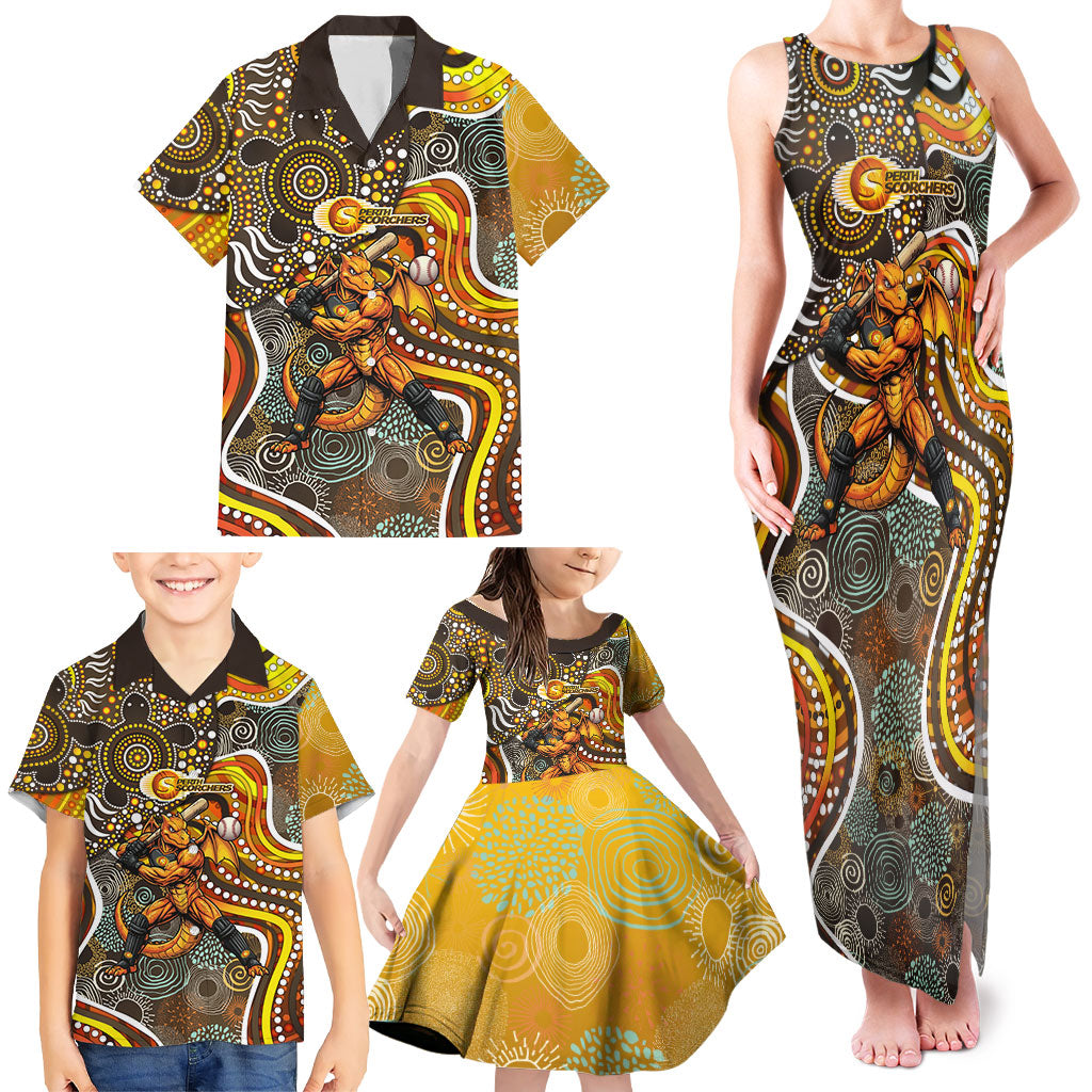 Perth Scorchers Family Matching Tank Maxi Dress and Hawaiian Shirt Indigenous Dot Art Superhero Batter Tribal Pattern