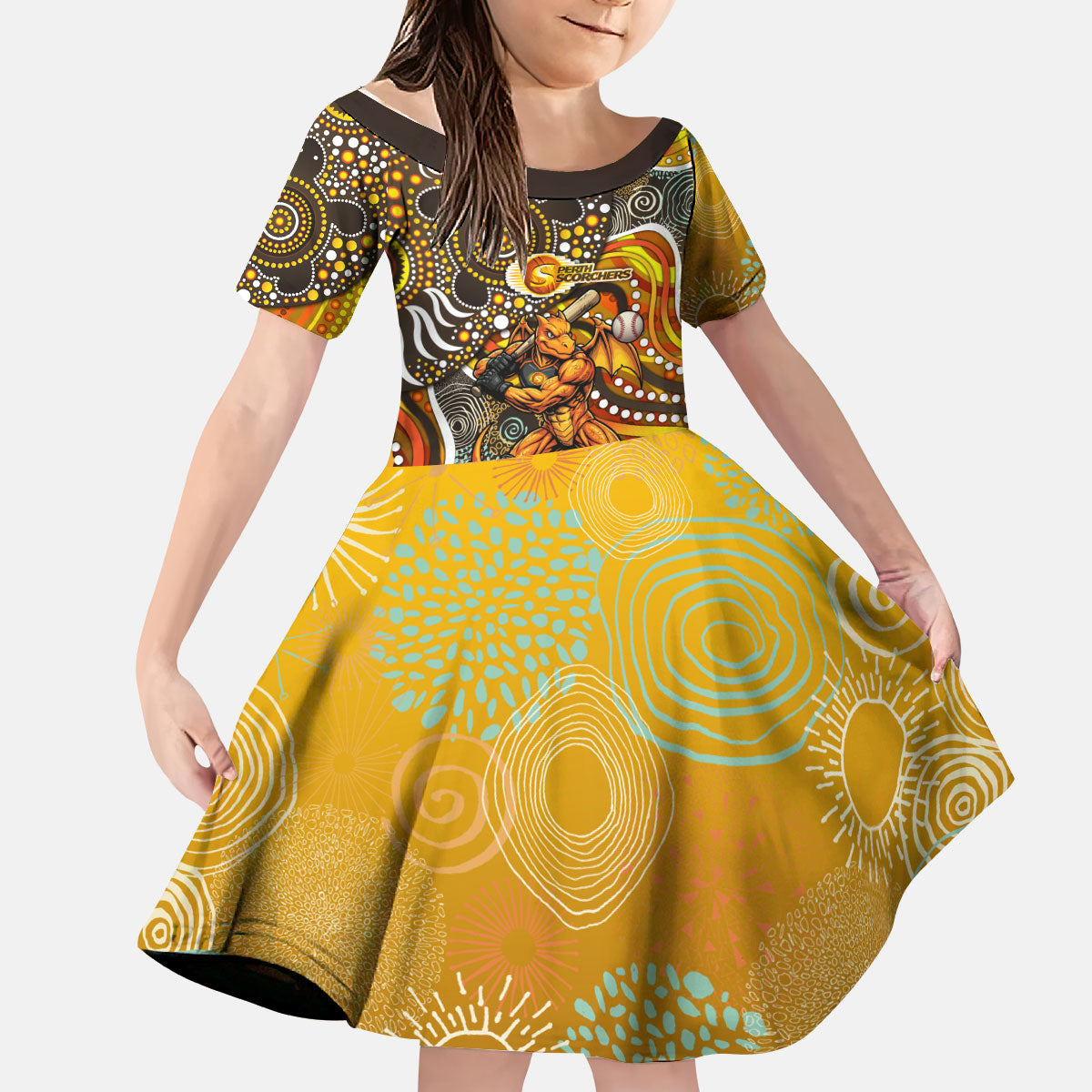 Perth Scorchers Kid Short Sleeve Dress Indigenous Dot Art Superhero Batter Tribal Pattern