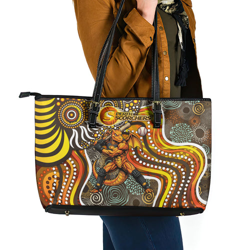 Perth Scorchers Leather Tote Bag Indigenous Dot Art Superhero Batter Tribal Pattern