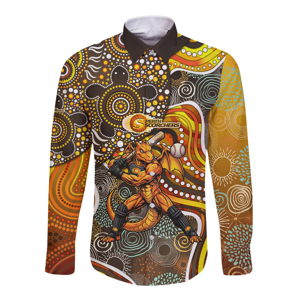 Perth Scorchers Long Sleeve Button Shirt Indigenous Dot Art Superhero Batter Tribal Pattern