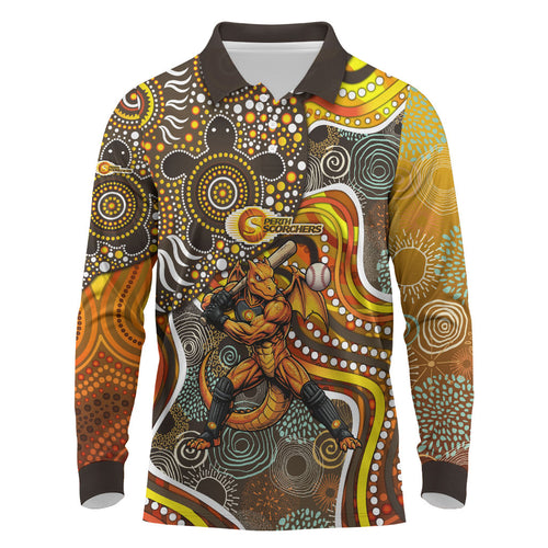 Perth Scorchers Long Sleeve Polo Shirt Indigenous Dot Art Superhero Batter Tribal Pattern