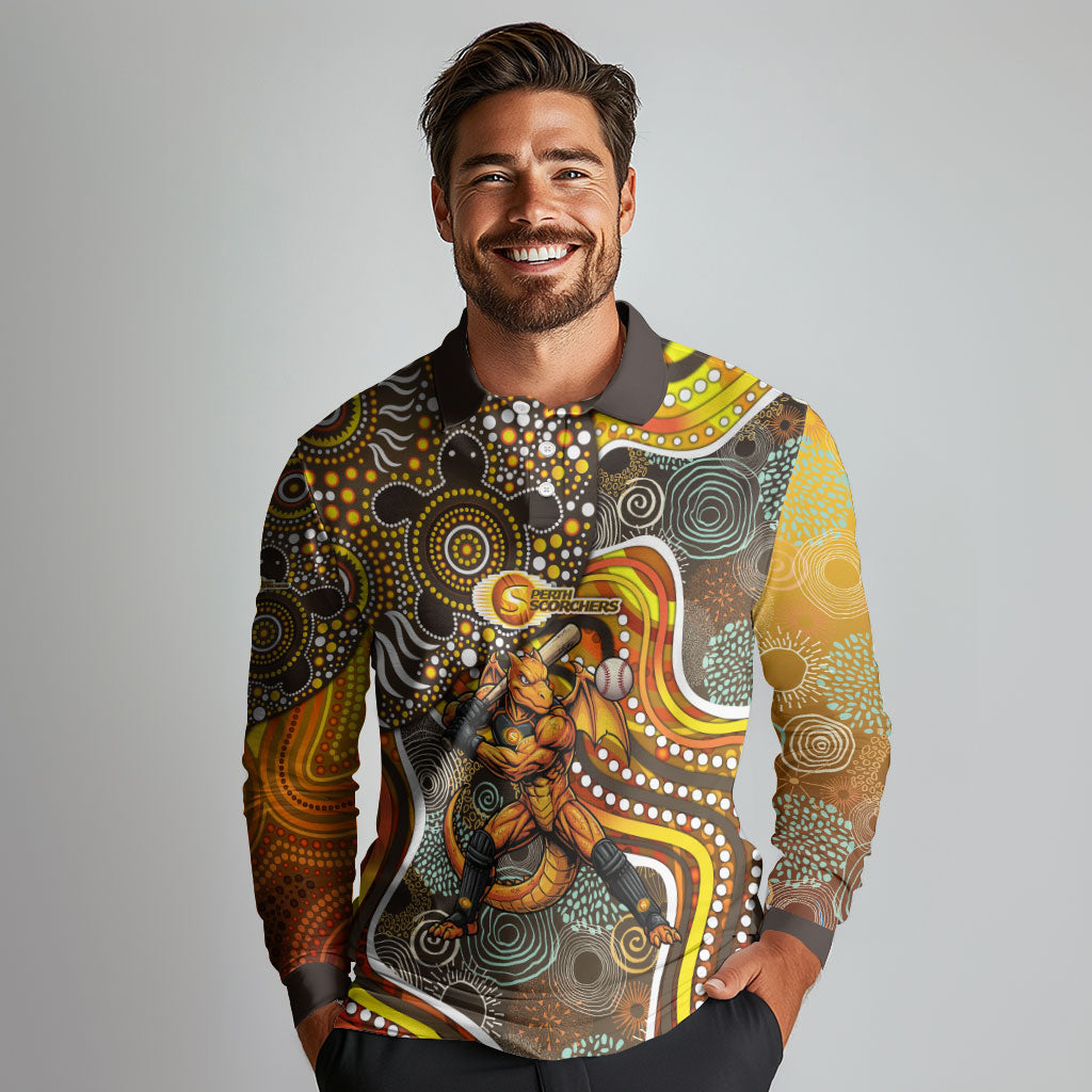 Perth Scorchers Long Sleeve Polo Shirt Indigenous Dot Art Superhero Batter Tribal Pattern