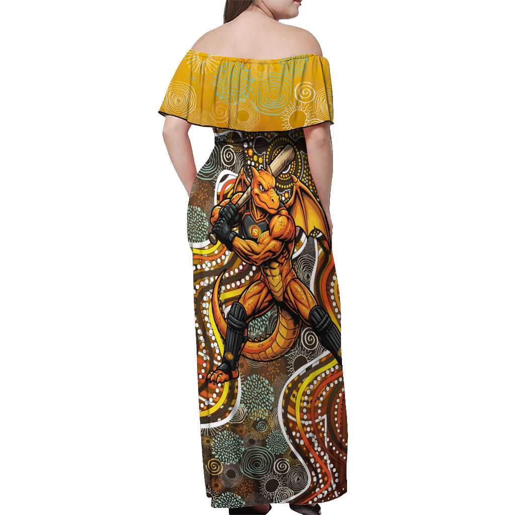 Perth Scorchers Off Shoulder Maxi Dress Indigenous Dot Art Superhero Batter Tribal Pattern