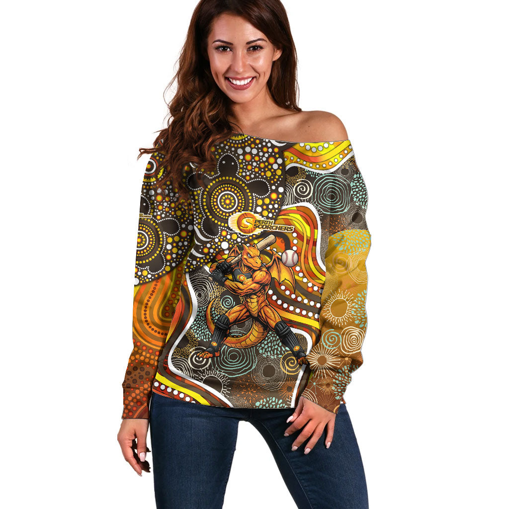 Perth Scorchers Off Shoulder Sweater Indigenous Dot Art Superhero Batter Tribal Pattern