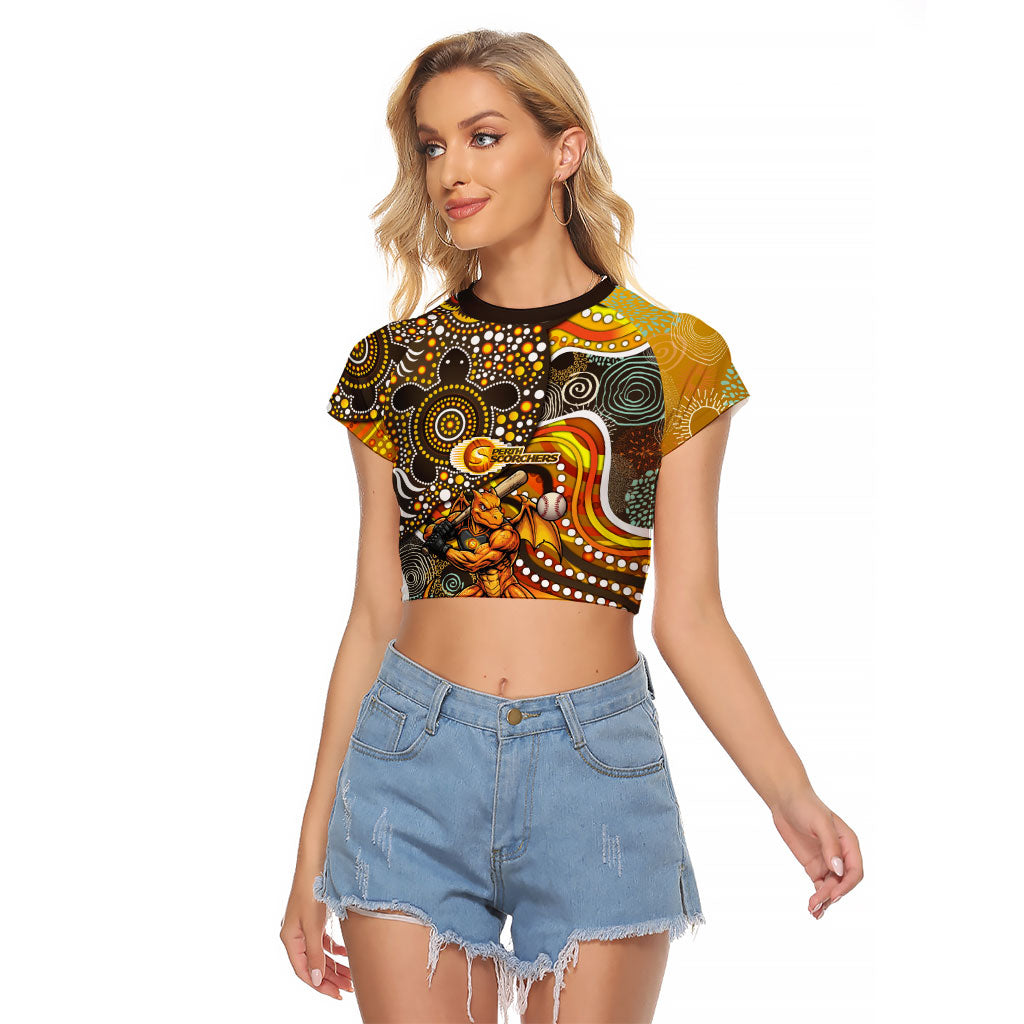 Perth Scorchers Raglan Cropped T Shirt Indigenous Dot Art Superhero Batter Tribal Pattern