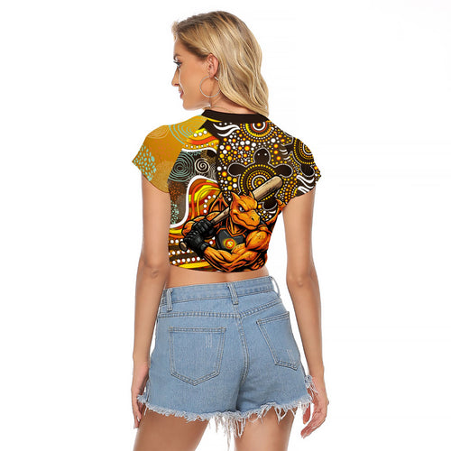 Perth Scorchers Raglan Cropped T Shirt Indigenous Dot Art Superhero Batter Tribal Pattern