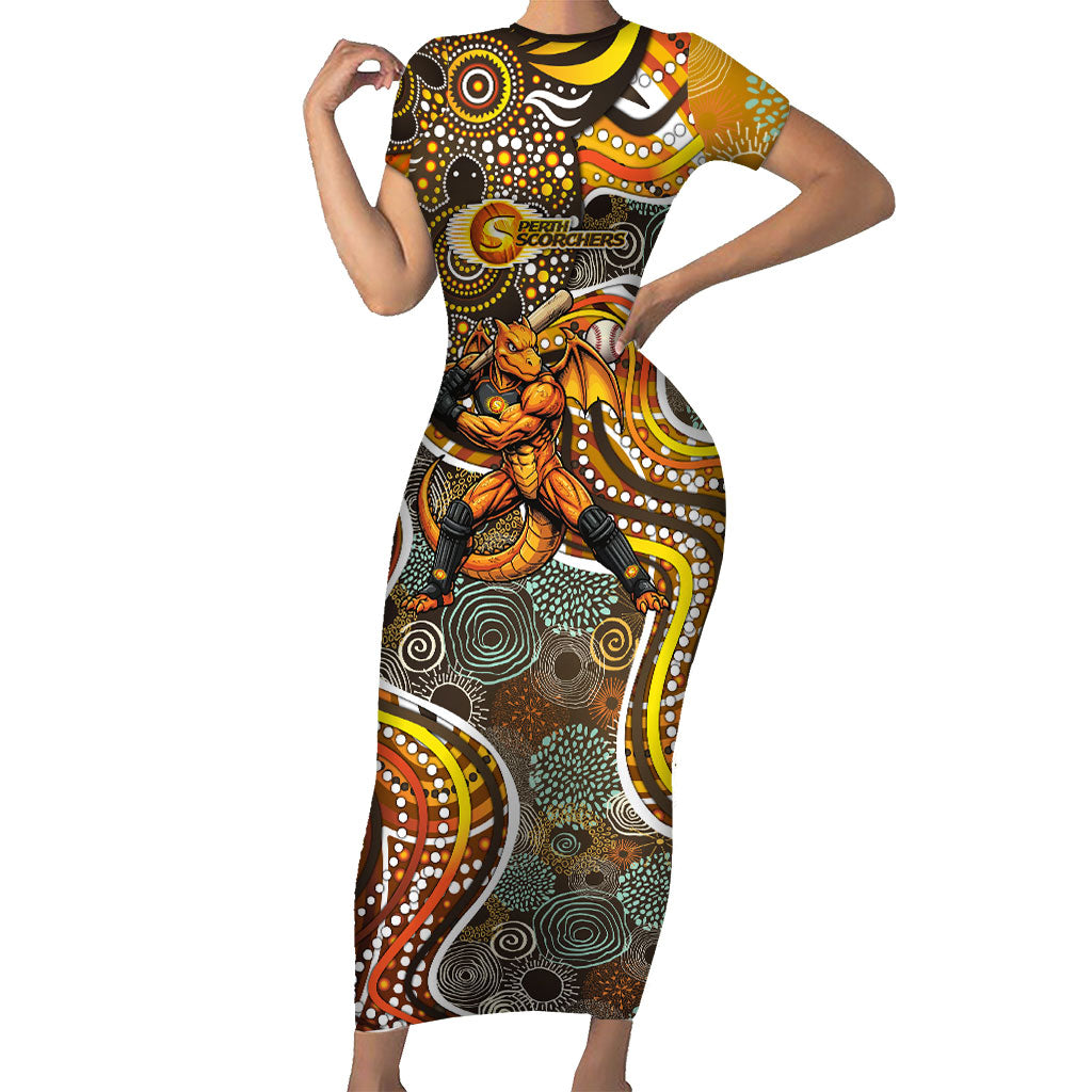 Perth Scorchers Short Sleeve Bodycon Dress Indigenous Dot Art Superhero Batter Tribal Pattern