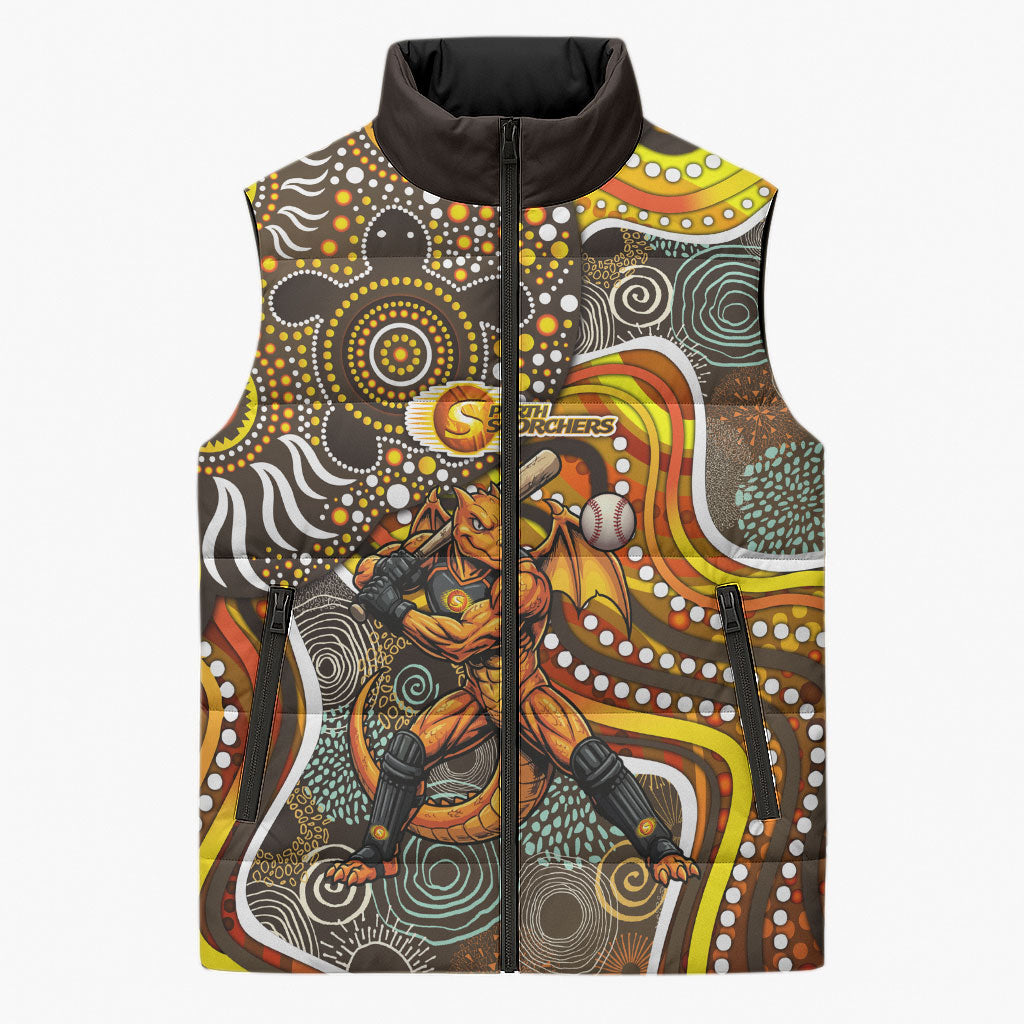 Perth Scorchers Sleeveless Puffer Jacket Indigenous Dot Art Superhero Batter Tribal Pattern