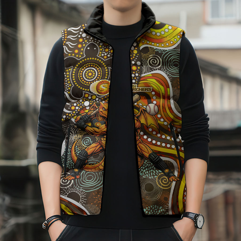 Perth Scorchers Sleeveless Puffer Jacket Indigenous Dot Art Superhero Batter Tribal Pattern