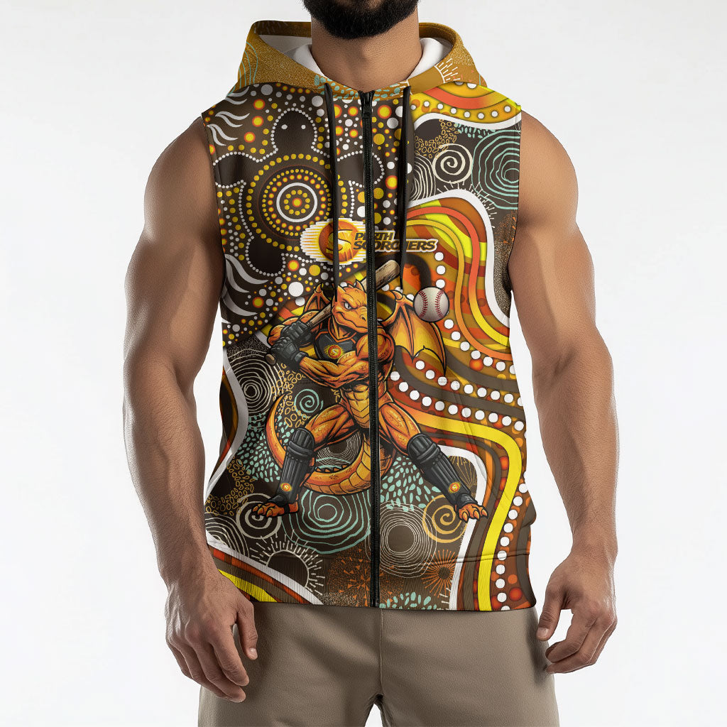 Perth Scorchers Sleeveless Zip Hoodie Indigenous Dot Art Superhero Batter Tribal Pattern