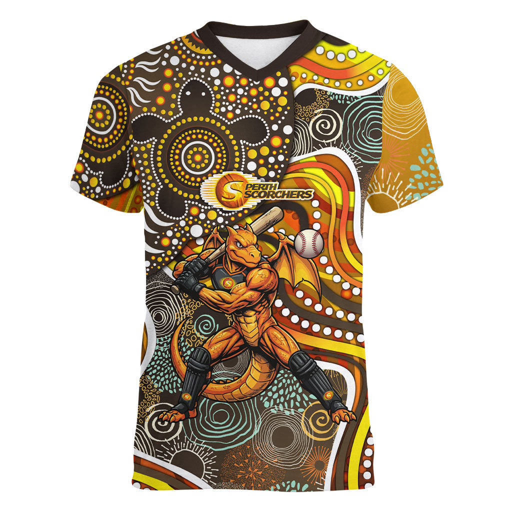 Perth Scorchers Women V-Neck T-Shirt Indigenous Dot Art Superhero Batter Tribal Pattern