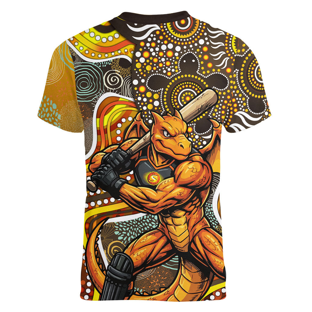 Perth Scorchers Women V-Neck T-Shirt Indigenous Dot Art Superhero Batter Tribal Pattern