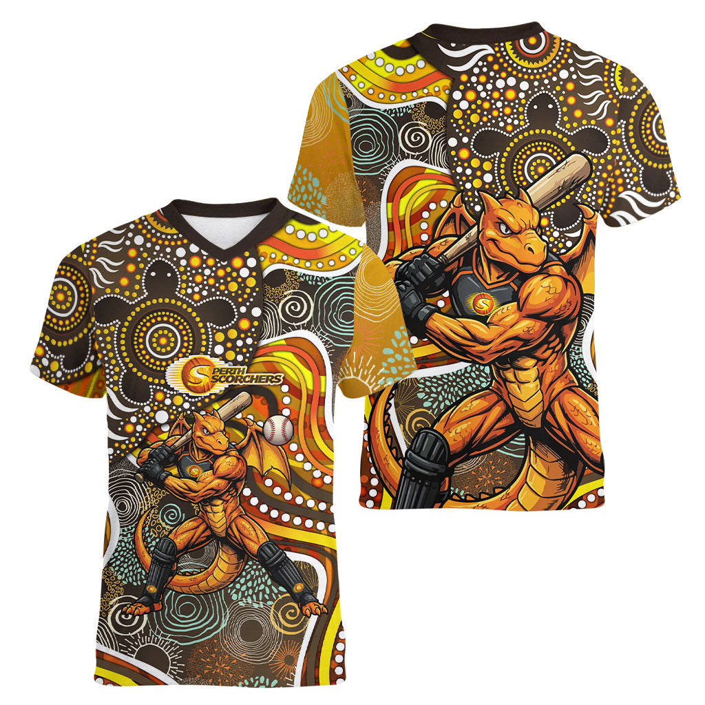 Perth Scorchers Women V-Neck T-Shirt Indigenous Dot Art Superhero Batter Tribal Pattern