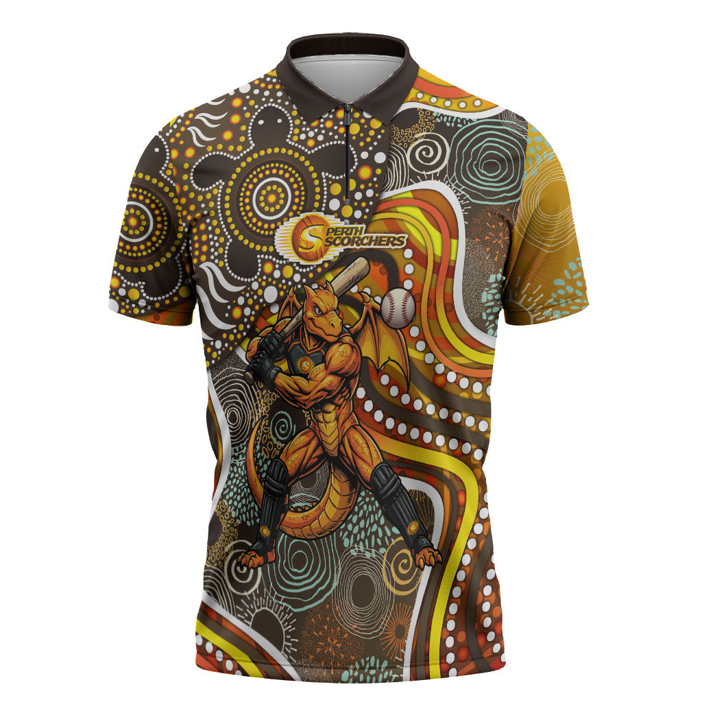 Perth Scorchers Zipper Polo Shirt Indigenous Dot Art Superhero Batter Tribal Pattern