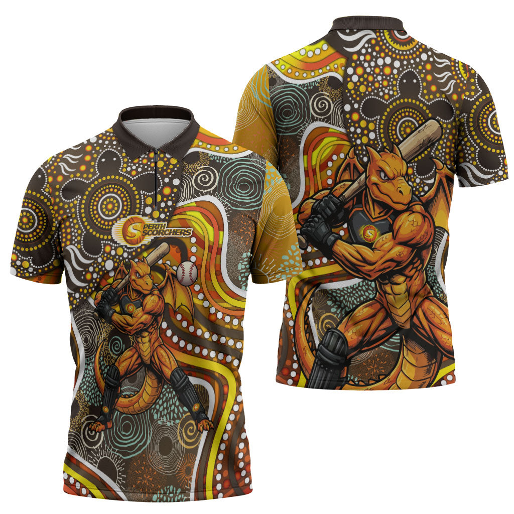 Perth Scorchers Zipper Polo Shirt Indigenous Dot Art Superhero Batter Tribal Pattern