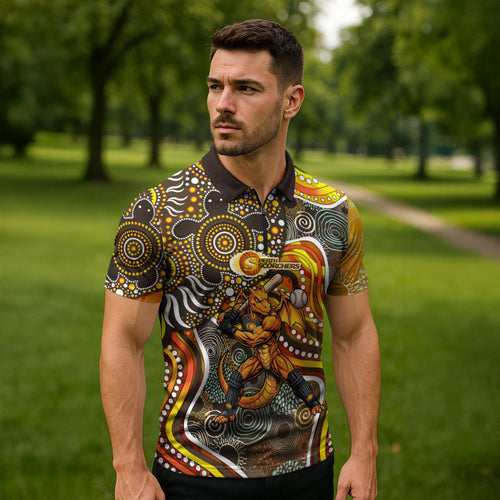 Perth Scorchers Zipper Polo Shirt Indigenous Dot Art Superhero Batter Tribal Pattern