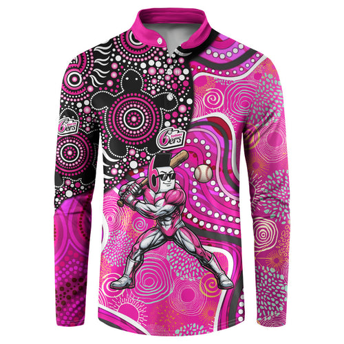 Sydney Sixers Button Sweatshirt Indigenous Dot Art Superhero Batter Tribal Pattern