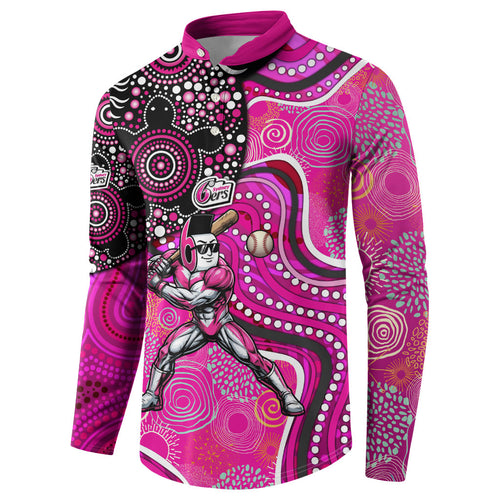 Sydney Sixers Button Sweatshirt Indigenous Dot Art Superhero Batter Tribal Pattern