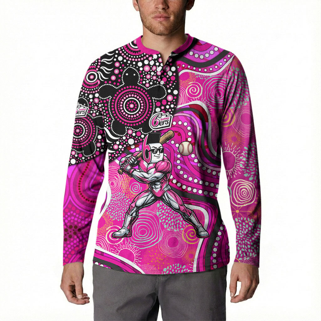 Sydney Sixers Button Sweatshirt Indigenous Dot Art Superhero Batter Tribal Pattern