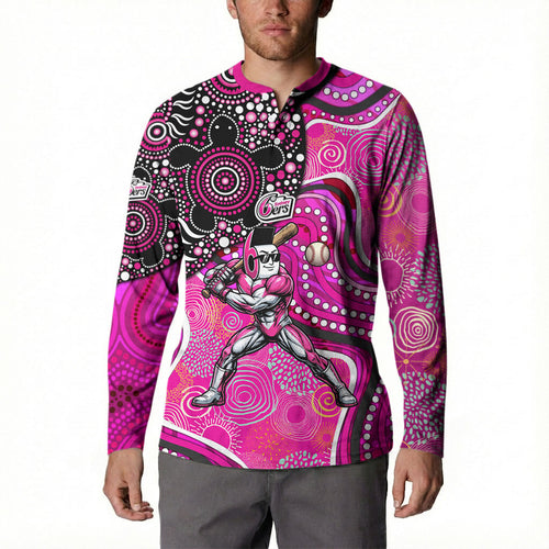 Sydney Sixers Button Sweatshirt Indigenous Dot Art Superhero Batter Tribal Pattern