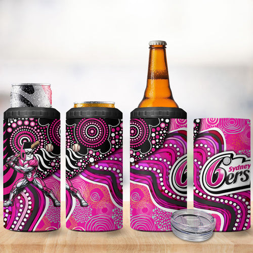 Sydney Sixers 4 in 1 Can Cooler Tumbler Indigenous Dot Art Superhero Batter Tribal Pattern