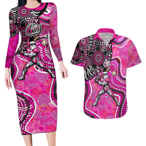 Sydney Sixers Couples Matching Long Sleeve Bodycon Dress and Hawaiian Shirt Indigenous Dot Art Superhero Batter Tribal Pattern