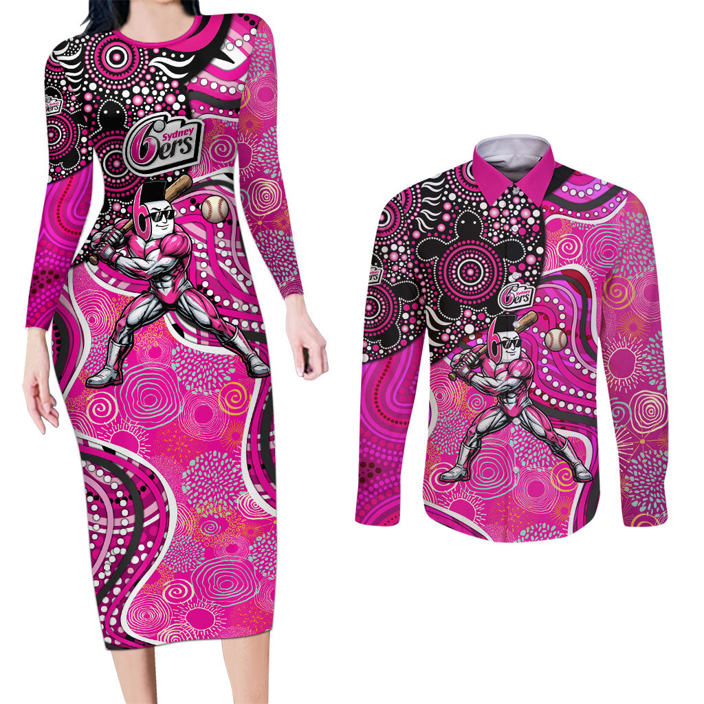 Sydney Sixers Couples Matching Long Sleeve Bodycon Dress and Long Sleeve Button Shirt Indigenous Dot Art Superhero Batter Tribal Pattern