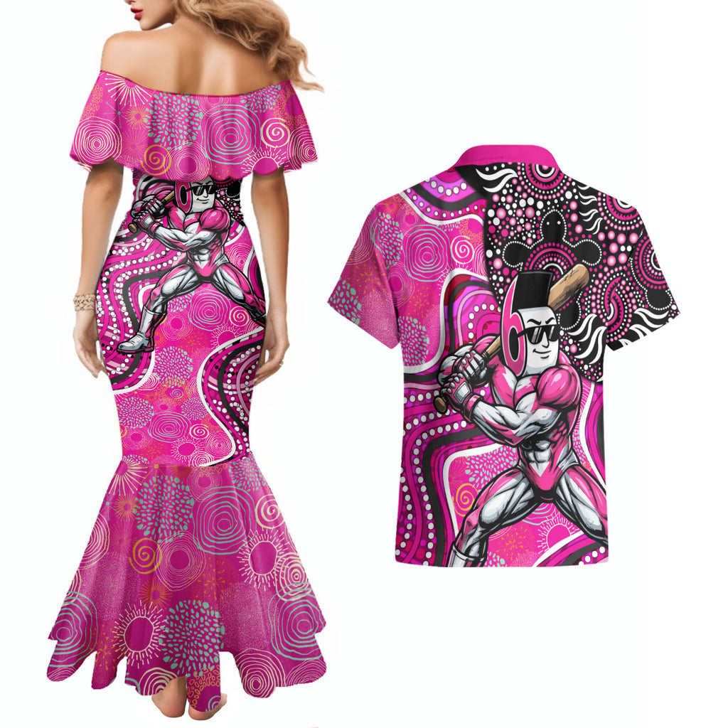 Sydney Sixers Couples Matching Mermaid Dress and Hawaiian Shirt Indigenous Dot Art Superhero Batter Tribal Pattern