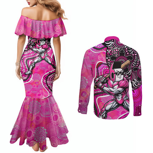 Sydney Sixers Couples Matching Mermaid Dress and Long Sleeve Button Shirt Indigenous Dot Art Superhero Batter Tribal Pattern