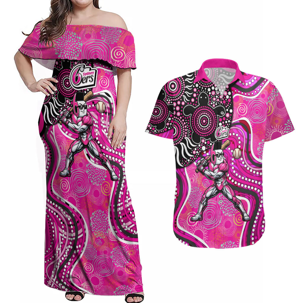 Sydney Sixers Couples Matching Off Shoulder Maxi Dress and Hawaiian Shirt Indigenous Dot Art Superhero Batter Tribal Pattern