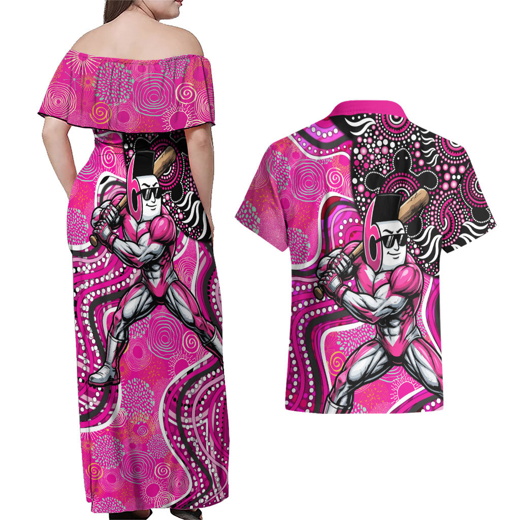Sydney Sixers Couples Matching Off Shoulder Maxi Dress and Hawaiian Shirt Indigenous Dot Art Superhero Batter Tribal Pattern
