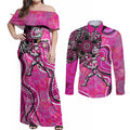 Sydney Sixers Couples Matching Off Shoulder Maxi Dress and Long Sleeve Button Shirt Indigenous Dot Art Superhero Batter Tribal Pattern