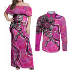 Sydney Sixers Couples Matching Off Shoulder Maxi Dress and Long Sleeve Button Shirt Indigenous Dot Art Superhero Batter Tribal Pattern