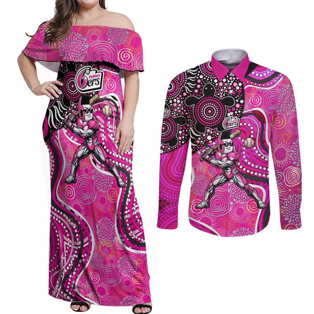 Sydney Sixers Couples Matching Off Shoulder Maxi Dress and Long Sleeve Button Shirt Indigenous Dot Art Superhero Batter Tribal Pattern