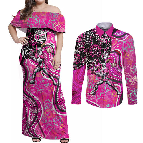 Sydney Sixers Couples Matching Off Shoulder Maxi Dress and Long Sleeve Button Shirt Indigenous Dot Art Superhero Batter Tribal Pattern