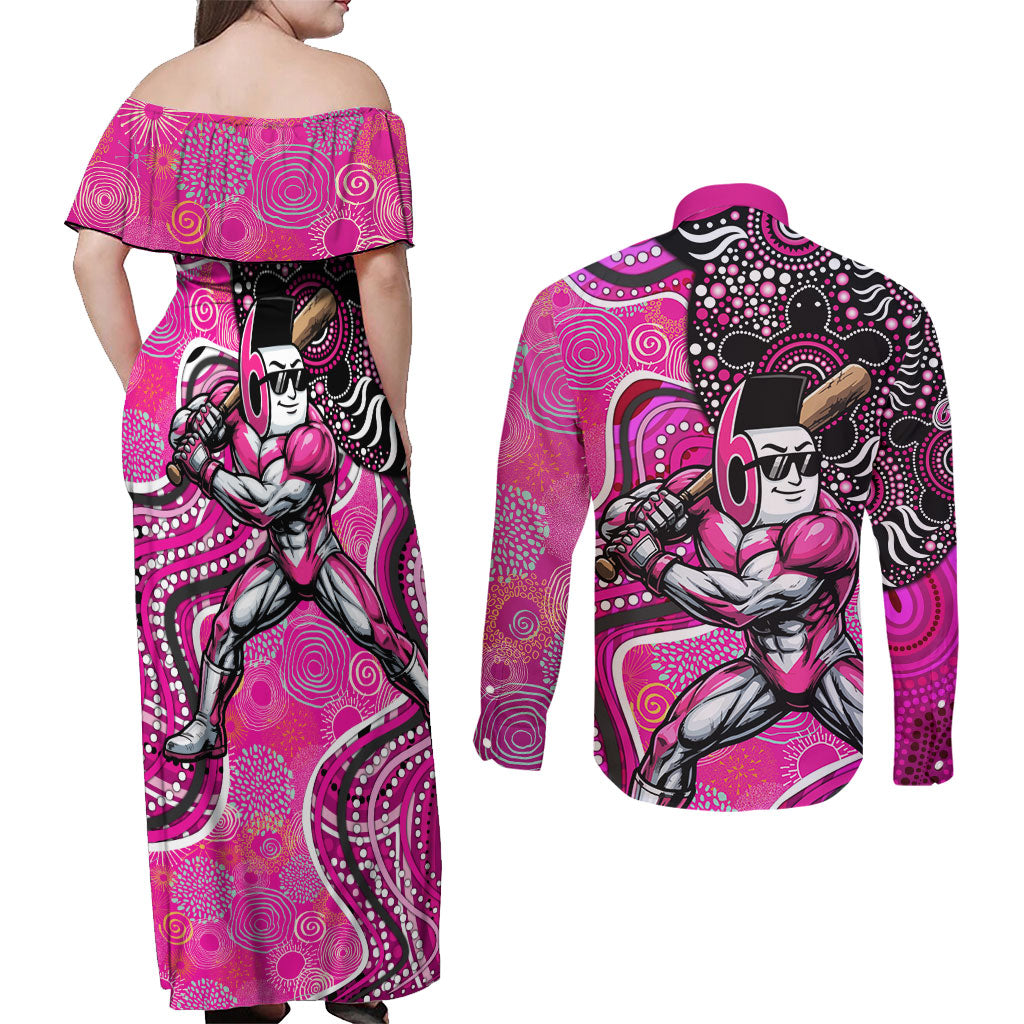 Sydney Sixers Couples Matching Off Shoulder Maxi Dress and Long Sleeve Button Shirt Indigenous Dot Art Superhero Batter Tribal Pattern