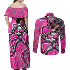 Sydney Sixers Couples Matching Off Shoulder Maxi Dress and Long Sleeve Button Shirt Indigenous Dot Art Superhero Batter Tribal Pattern