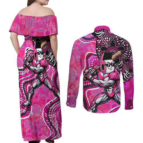 Sydney Sixers Couples Matching Off Shoulder Maxi Dress and Long Sleeve Button Shirt Indigenous Dot Art Superhero Batter Tribal Pattern
