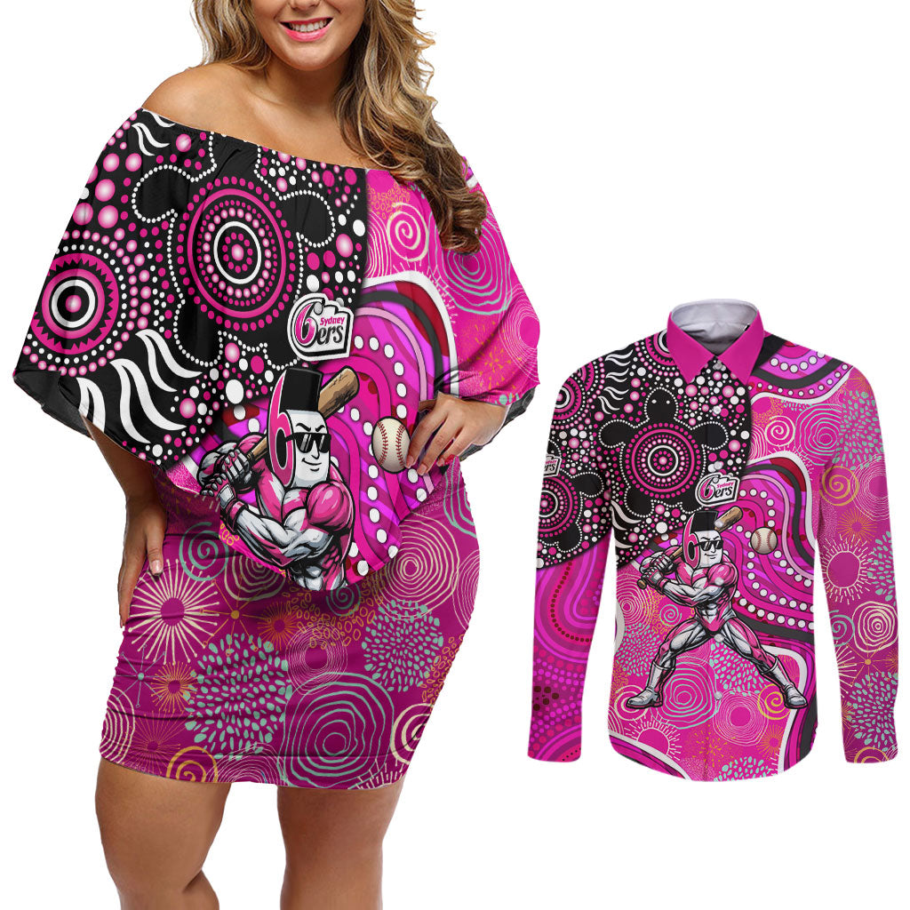 Sydney Sixers Couples Matching Off Shoulder Short Dress and Long Sleeve Button Shirt Indigenous Dot Art Superhero Batter Tribal Pattern
