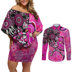 Sydney Sixers Couples Matching Off Shoulder Short Dress and Long Sleeve Button Shirt Indigenous Dot Art Superhero Batter Tribal Pattern