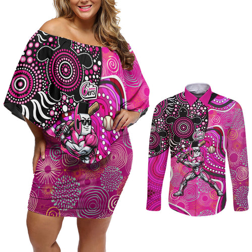 Sydney Sixers Couples Matching Off Shoulder Short Dress and Long Sleeve Button Shirt Indigenous Dot Art Superhero Batter Tribal Pattern