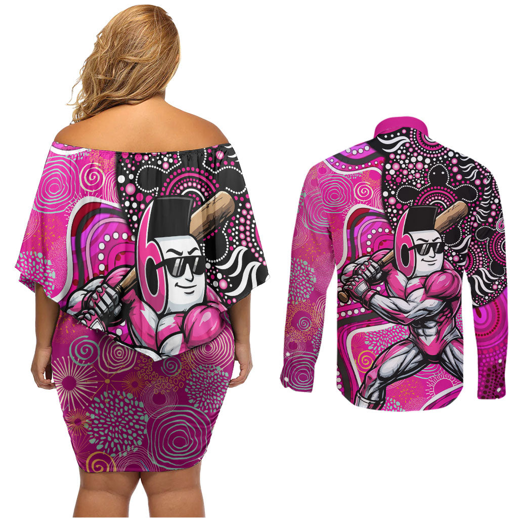Sydney Sixers Couples Matching Off Shoulder Short Dress and Long Sleeve Button Shirt Indigenous Dot Art Superhero Batter Tribal Pattern