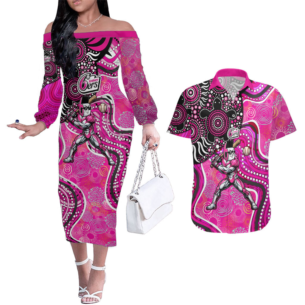 Sydney Sixers Couples Matching Off The Shoulder Long Sleeve Dress and Hawaiian Shirt Indigenous Dot Art Superhero Batter Tribal Pattern