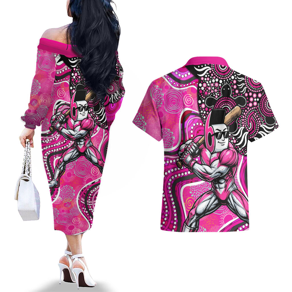Sydney Sixers Couples Matching Off The Shoulder Long Sleeve Dress and Hawaiian Shirt Indigenous Dot Art Superhero Batter Tribal Pattern