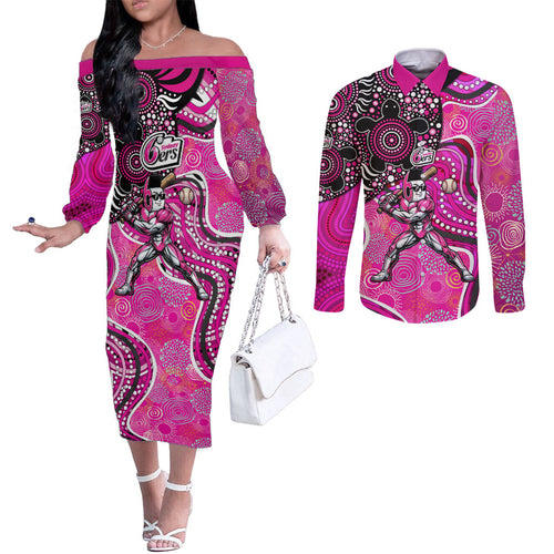 Sydney Sixers Couples Matching Off The Shoulder Long Sleeve Dress and Long Sleeve Button Shirt Indigenous Dot Art Superhero Batter Tribal Pattern