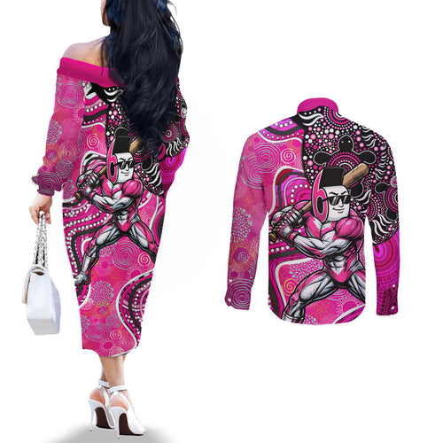 Sydney Sixers Couples Matching Off The Shoulder Long Sleeve Dress and Long Sleeve Button Shirt Indigenous Dot Art Superhero Batter Tribal Pattern